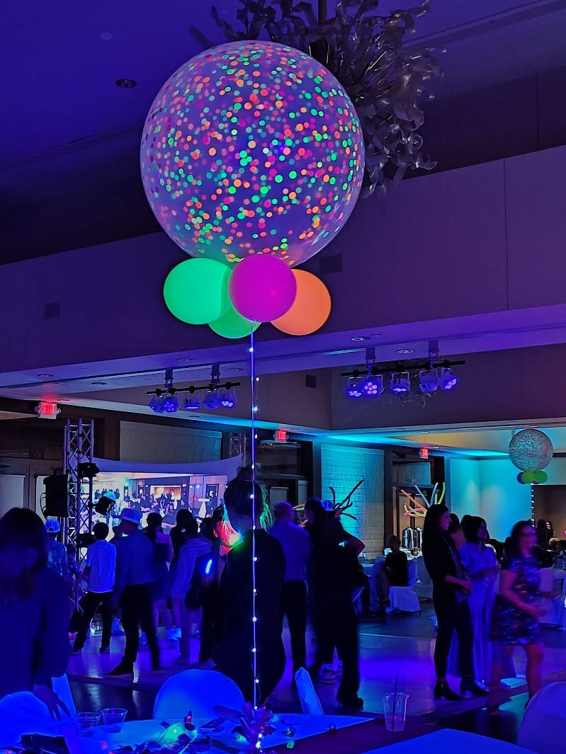 Giant confetti balloon glowing neon under blacklight above the party