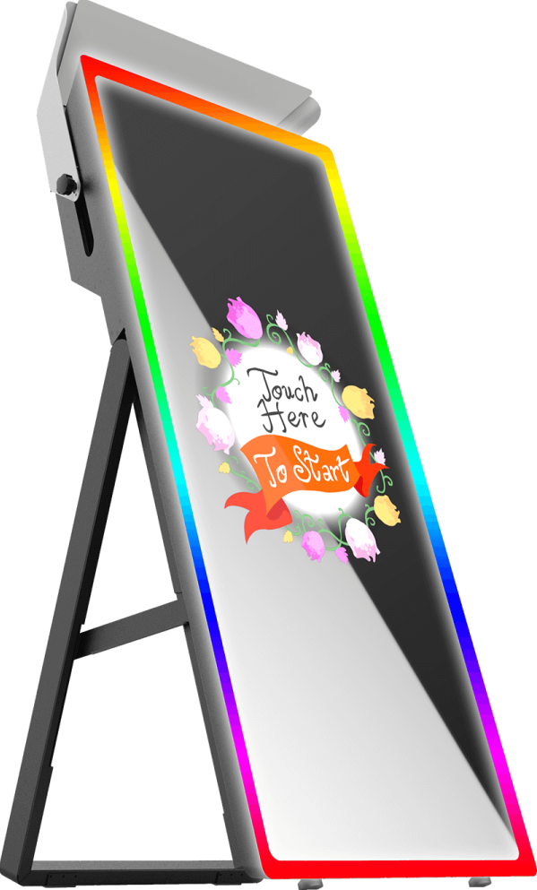 Mirror Air photo booth: a tall mirror screen with a rainbow LED edge on a black A-frame stand