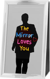 Mirror Me photo booth: a framed full-length mirror showing a silhouette and the words The Mirror Loves You